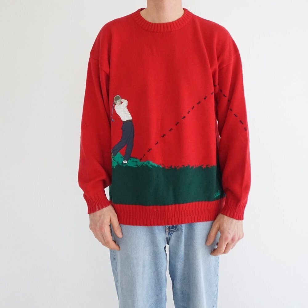 VTG Hathaway Golf Red Golfer Fairway Scene Hand Intarsia Country Club Sweater L